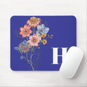 Mousepad Monograma Azul Profundo Simples Floral