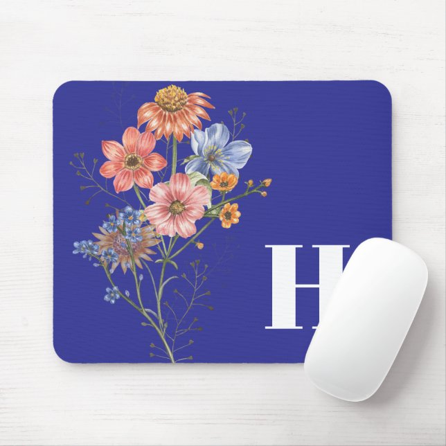 Mousepad Monograma Azul Profundo Simples Floral (Com mouse)