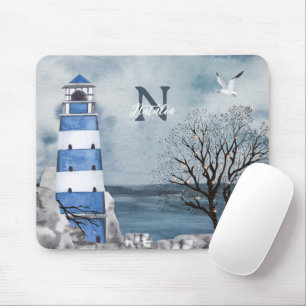 Mousepad Monograma Blue Lighthouse Watercolor Art