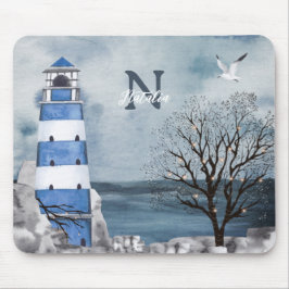 Mousepad Monograma Blue Lighthouse Watercolor Art