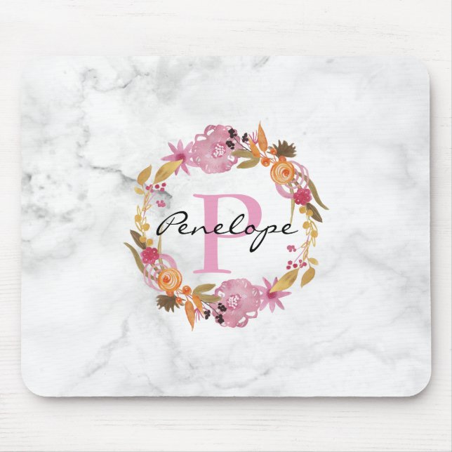 Mousepad Monograma bonito cor-de-rosa de exaustão floral (Frente)