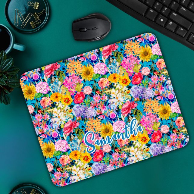Mousepad Monograma branco-amarelo-elegante Padrão floral (Criador carregado)