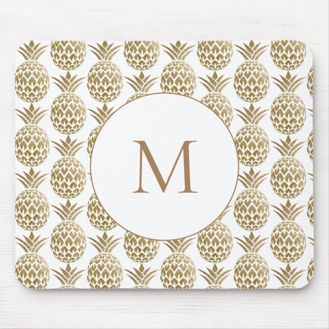 Mousepad Monograma branco de padrão de abacaxi Dourado com  (Frente)