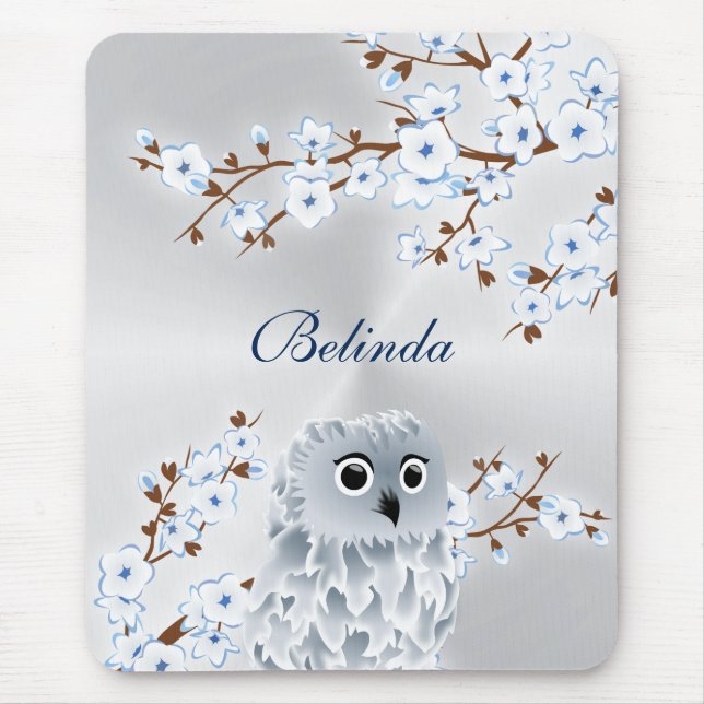 Mousepad Monograma branco de prata de flores de cereja (Frente)