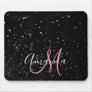 Mousepad Monograma branco e cor-de-rosa com brilho preto