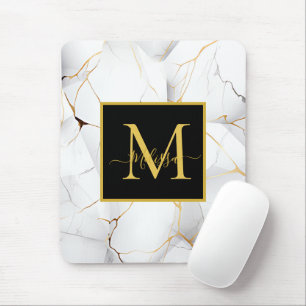 Mousepad Monograma branco Elegante e Dourado Marbled