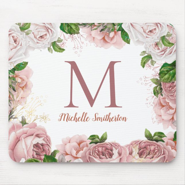 Mousepad Monograma Branco Floral Cor-de-rosa-rosa embebida  (Frente)