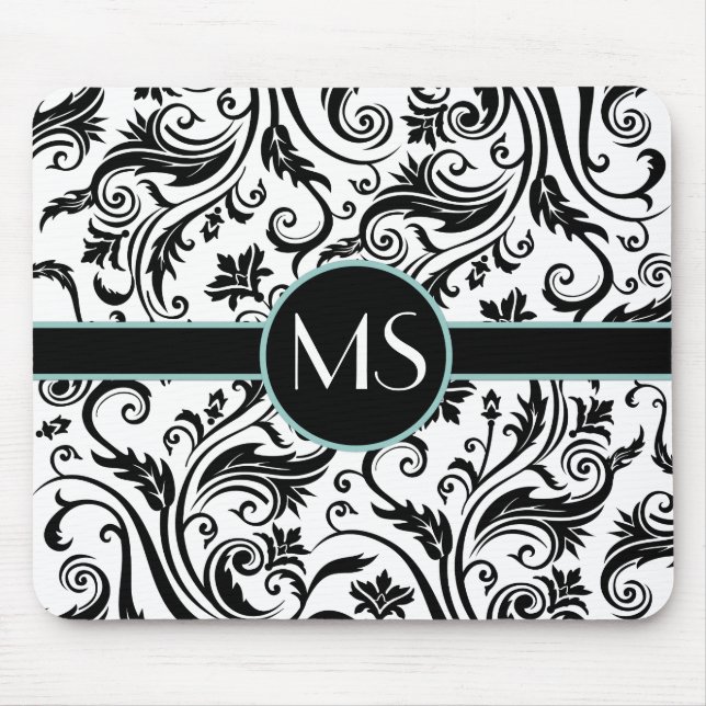 Mousepad Monograma branco preto do damasco (Frente)