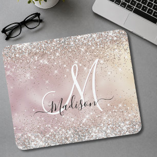 Mousepad Monograma brilhante de prata falsa em rosa dourado
