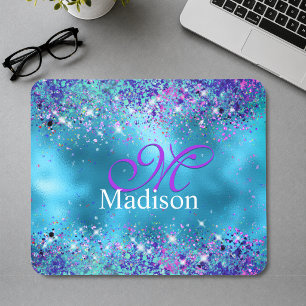Mousepad Monograma brilhante iridescente azul Chic rosa