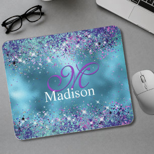 Mousepad Monograma brilhante iridescente azul Chic rosa