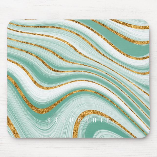 Mousepad Monograma Brilho Falso Ágata Geodo Verde Menta Dou (Frente)