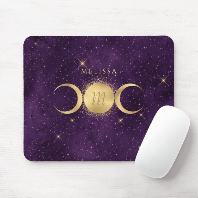 Mousepad Monograma Celestial de Ouro Triplo de Lua Roxo (Com mouse)