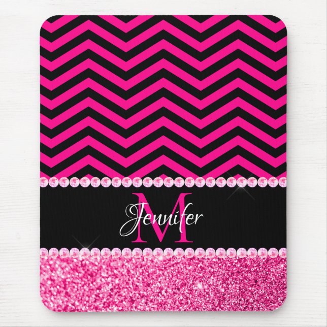Mousepad Monograma Chevron em Brilho Preto e Rosa Quente (Frente)