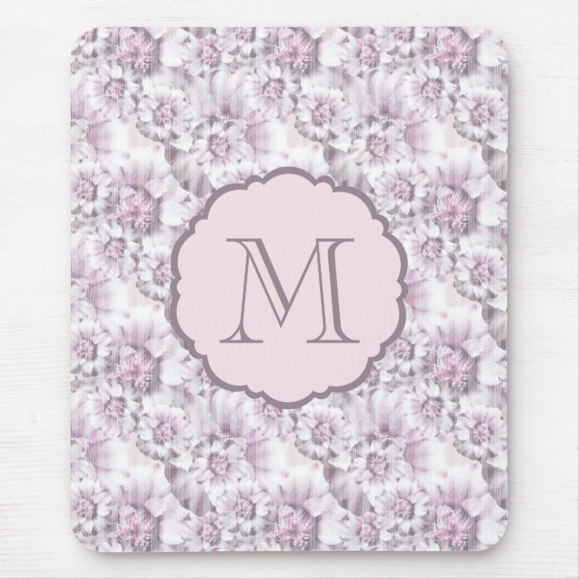 Mousepad Monograma Chic com padrão floral cinza e rosa (Frente)
