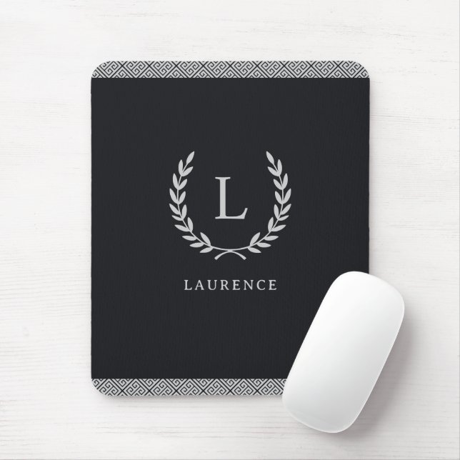 Mousepad Monograma Chic Fronteira Chave Grega Preta e Branc (Com mouse)
