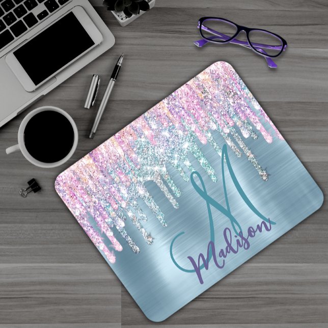 Mousepad Monograma cintilante de unicórnio aqua rosa-chic (Criador carregado)