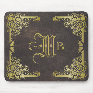 Mousepad Monograma clássico dourado quadro chique de couro