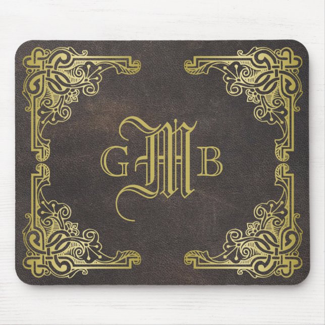 Mousepad Monograma clássico dourado quadro chique de couro (Frente)