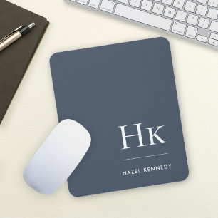 Mousepad Monograma Clássico Elegante Azul Marinho Branco In