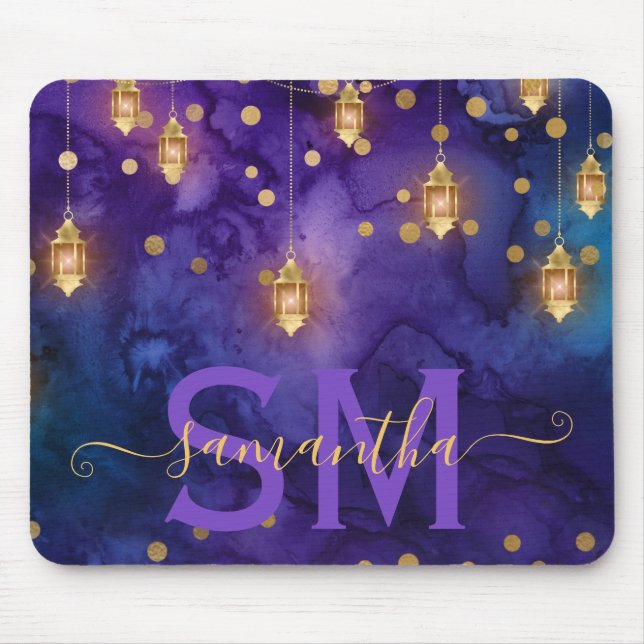 Mousepad Monograma com Lanterna de Brilho Roxo e Azul (Frente)