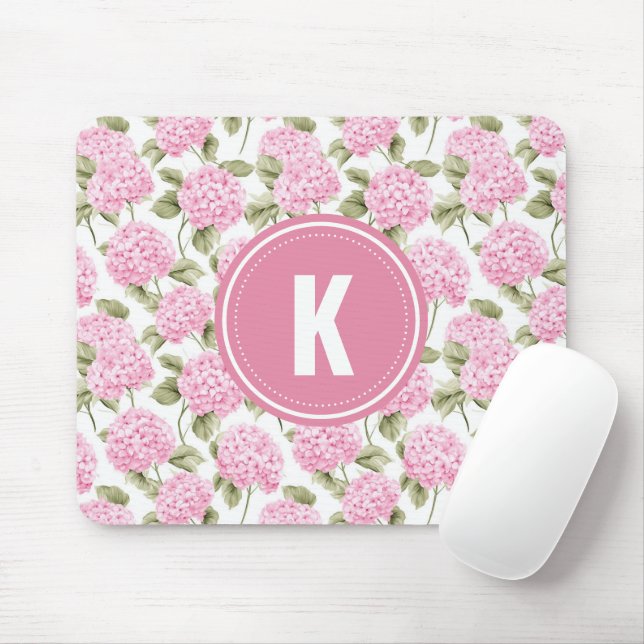 Mousepad Monograma com Padrão de Flores de Hortênsia Rosa E (Com mouse)