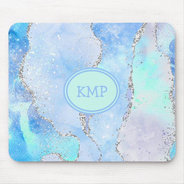 Mousepad Monograma com redemoinho de mármore prateado verde (Frente)