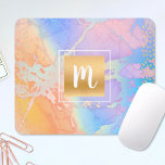 Mousepad Monograma cor d'água turquesa dourada laranja púrp<br><div class="desc">Um quadrado de monograma de folha de ouro esparsa e falso e pontos oblongos sobrepõem um fundo azul-turquesa pastel, roxo, rosa e laranja amarelo neste bloco bucal, giro, monograma moderno. Faz uma declaração de chic e na moda cada vez que você a usa. Um presente de excelente para um amigo,...</div>