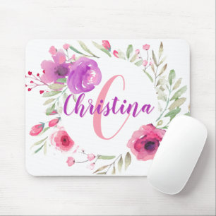 Mousepad Monograma cor-de-rosa floral feminino chique