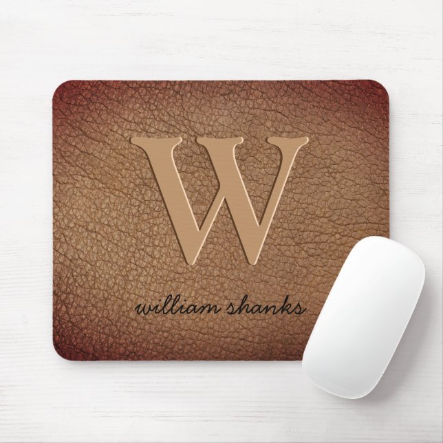 Mousepad Monograma couro marrom rústico nome em letra doura (Com mouse)
