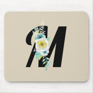 Mousepad Monograma customizável w/White & Aqua floral em