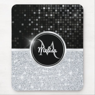 Mousepad Monograma da Brilhante Negra Glitter de Silver Gli