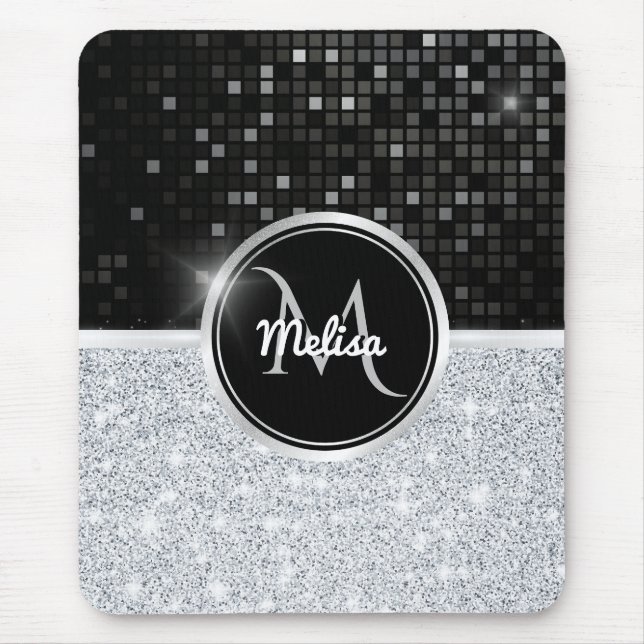 Mousepad Monograma da Brilhante Negra Glitter de Silver Gli (Frente)