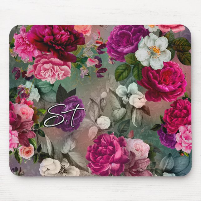 Mousepad Monograma da cinza de flores rosa elegantes (Frente)