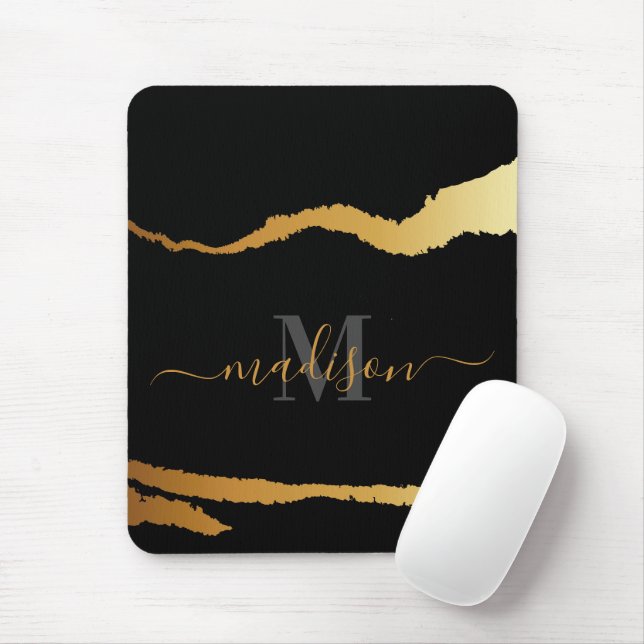 Mousepad Monograma da folha Ouro e preto (Com mouse)