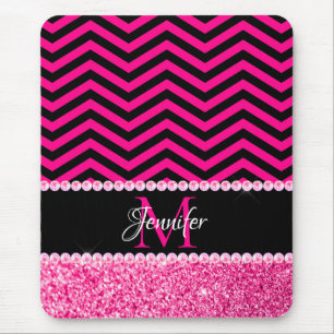 Mousepad Monograma da Gliter Negra e Rosa Quente