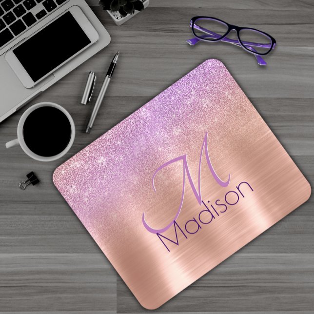 Mousepad Monograma da luz branca-rosa-rosa-chic (Criador carregado)