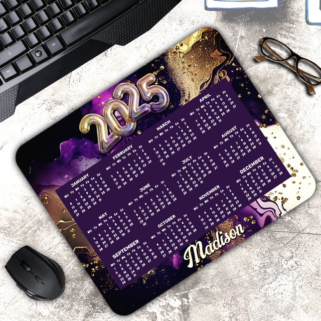 Mousepad Monograma da mistura glitter de ouro púrpura 2025 (Criador carregado)