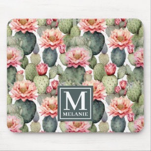 Mousepad Monograma das flores cor-de-rosa com padrão Cactus