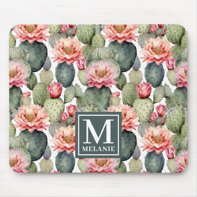 Mousepad Monograma das flores cor-de-rosa com padrão Cactus (Frente)