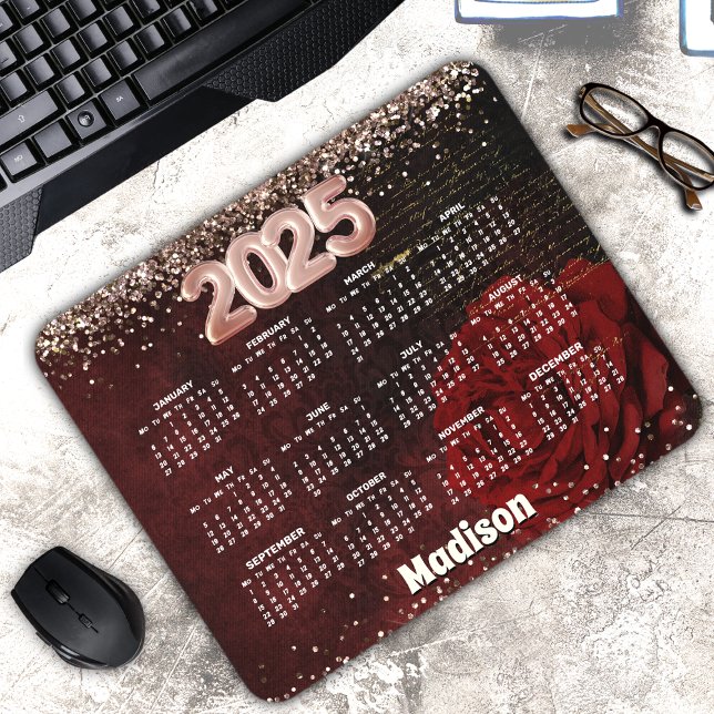 Mousepad Monograma de 2025 do glitter dourado vermelho-quic (Criador carregado)