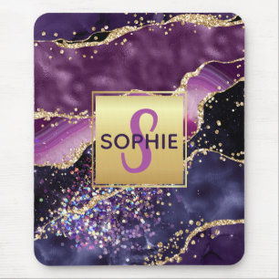 Mousepad Monograma de Ágata Brilhante Roxo & Rosa & Dourado