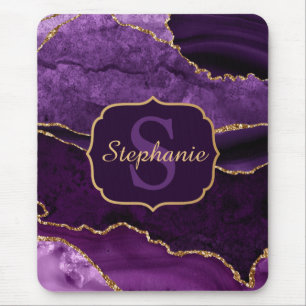 Mousepad Monograma de Ágata Mármore Brilhante Roxo e Dourad