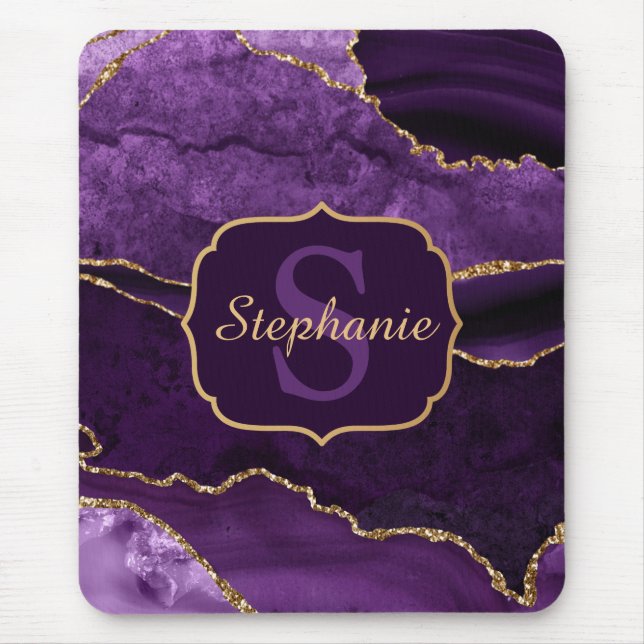 Mousepad Monograma de Agitação de Mármore Roxo e Dourado (Frente)