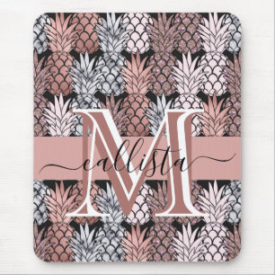 Mousepad Monograma de Ananás Rosa Cor-de-Orelha Dourada mod