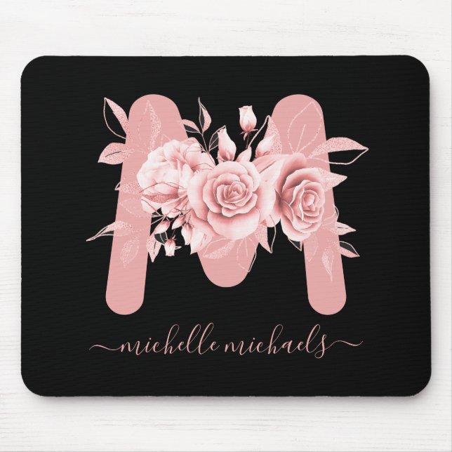 Mousepad Monograma de Aquarela Floral a Preto Dourado rosa (Frente)