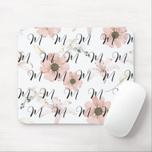 Mousepad Monograma de Arte de Flores Rosa em Aquarela