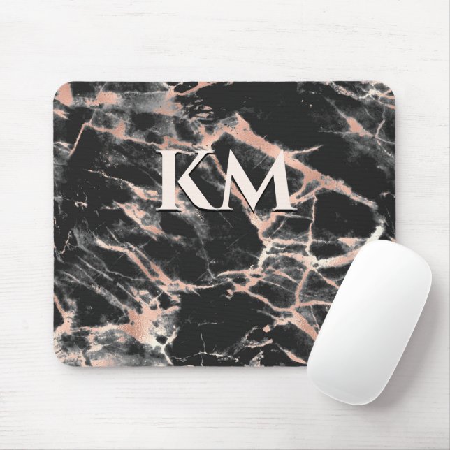 Mousepad Monograma de arte em mármore preto elegante rosa d (Com mouse)