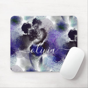 Mousepad Monograma de Assinatura Floral Púrpura na moda azu