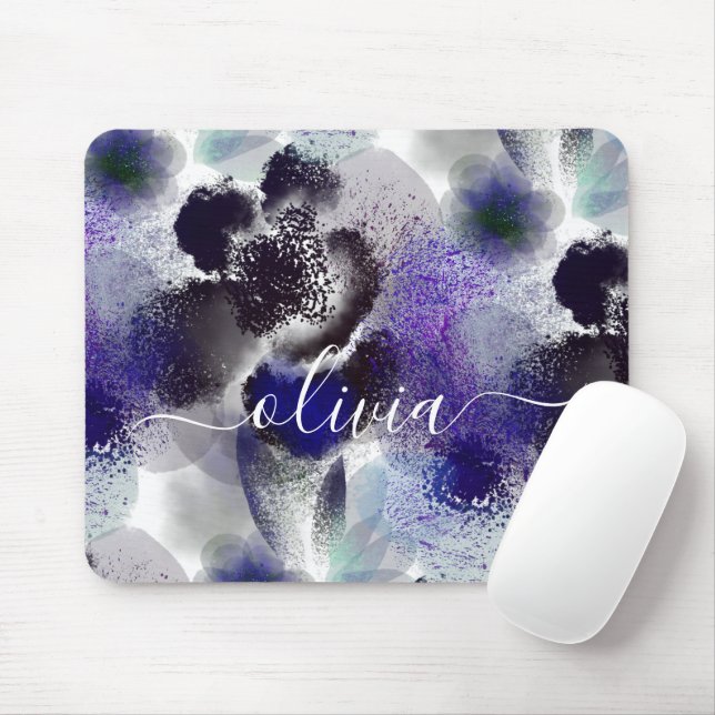 Mousepad Monograma de Assinatura Floral Púrpura na moda azu (Com mouse)